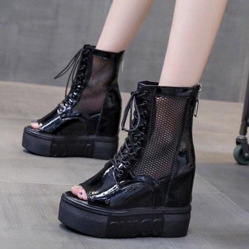 Inner increase womens shoes mesh fish mouth sandals women spring and summer thick-soled short boots wedges Martin boots women