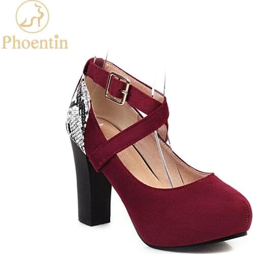 Phoentin cross tied womens heels wine red female shoes snake printed patckwork platform buckle shoes black plus size FT876