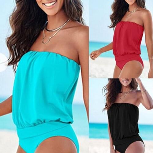 Womens One-piece Ruffled Swimwear Halter Strapless Swimsuit Sexy Swimsuit Large Size Pure Color Swimwear Beach Swimming Suit