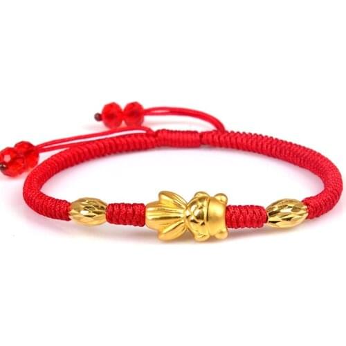 999 New Pure 24K Yellow Gold 14*10mm 3D Lucky Fish & Fine Oval Bead Womans Knitted Bracelet