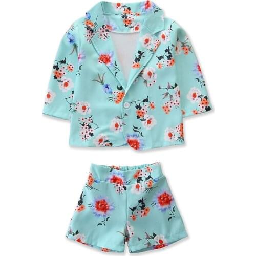 2020 Baby Summer Clothing Childrens Girls Floral Coat + Shorts Two-piece Suit Kids Suit Clothes Formal Sets