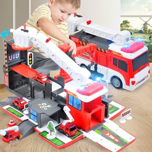 2021 Deformation Music Simulation DIY Fire Truck Track Childrens Educational Toy Large Size Passenger Truck Kids Fire Toy Car