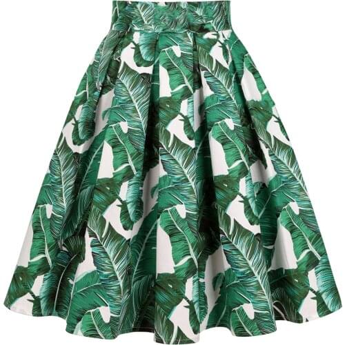 2021 Leaf Green Floral Print Vintage Pleated Skirts Plus Size Womens Y2K High Waist French Style Summer Midi Cotton Swing Skirt