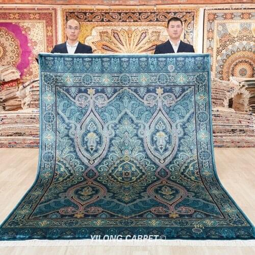 Yilong 6'x8.3' Blue Hand Knotted Rug Scepter Design Handmade Silk Carpets (YWX126A)