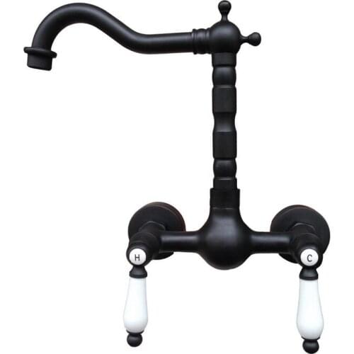 Black Oil Rubbed Bronze Wall Mounted Dual Ceramic Handles Swivel Spout Kitchen Sink Mixer Tap / Bathroom Basin Faucets anf523