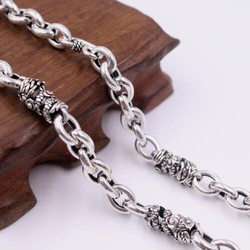 Pure 925 Sterling Silver Necklace Width 8mm New Rolo Link Chain Dragon Pattern Bead 21.65"L Or 23.62"L For Man