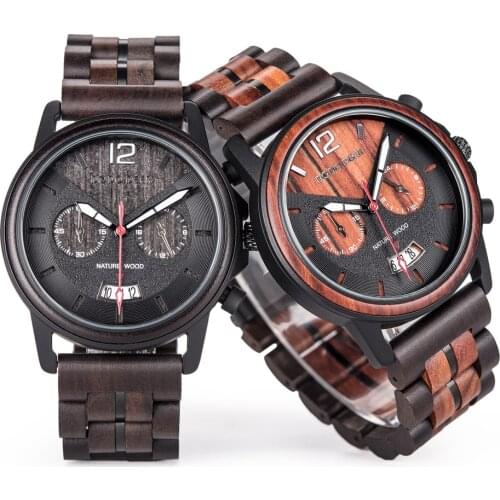 Handmade Wood Watches for Mens Quartz Stop Watch Uhren Herren часы мужские Timer Chronograph Wristwatch Male Date Display