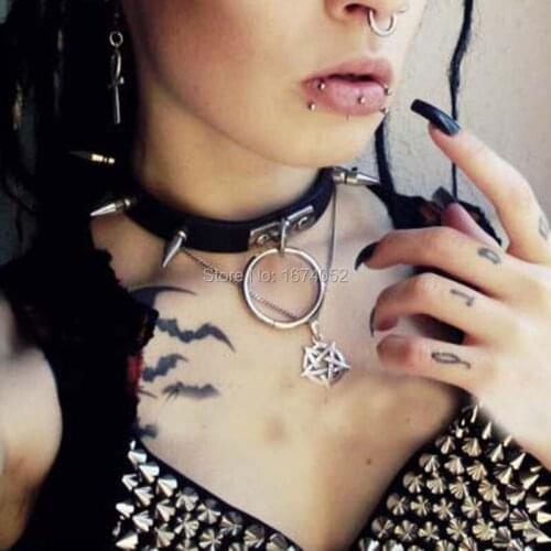 Punk Gothic Handmade Long Spikes Rivet O Round Real Leather Necklace Bondage Collar Choker