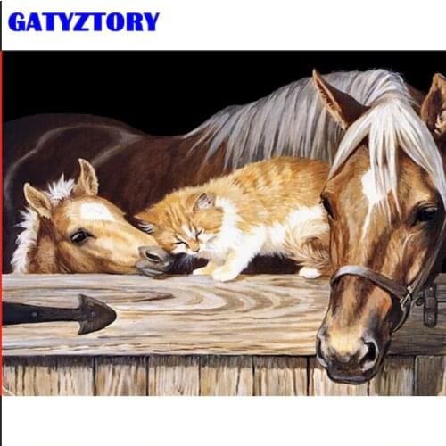 GATYZTORY Horse And Cats Animal Painting By Numbers For Adults Children 60x75cm Framed On Canvas Home Living Room Decoration