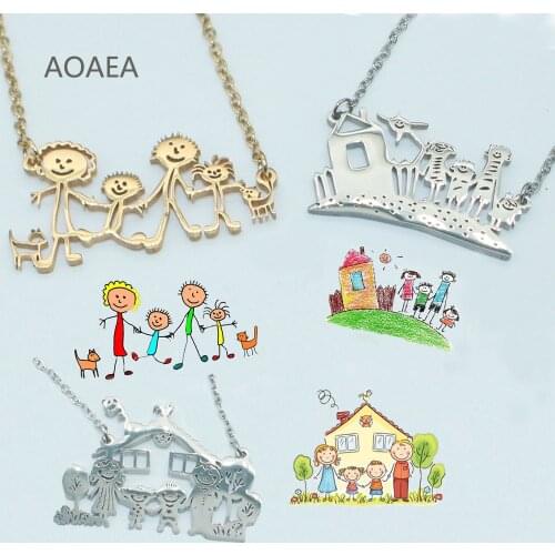 Customized Childrens Drawing Necklace Kids Art Child Artwork Gold silver rose goldCustom Name Jewelry forKidsGIFT