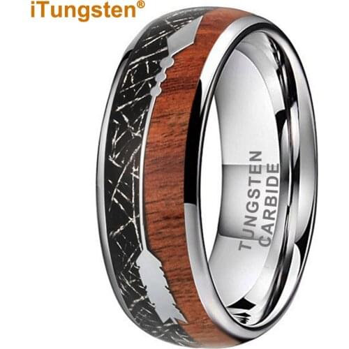 8MM Men Women Tungsten Ring Wedding Band With Black Meteorite Koa Wood Arrow Inlay Dome Band Comfort Fit New Arrivals