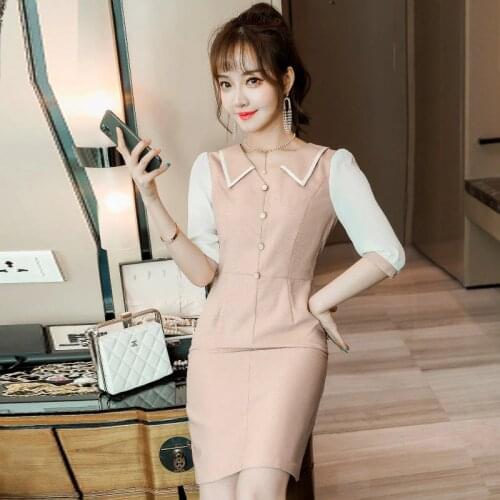 IZICFLY Summer New Style Pink Button Pathckwork Career Korean Dress For Women Office Slim Business Casual Work Wear