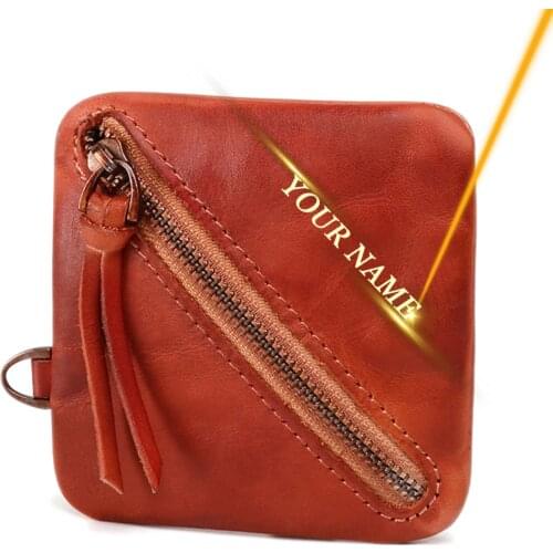 Free Engraved Coin Purse Genuine Leather Men Womens Wallet Vintage Zipper Change Small Wallets Pouch Key Clutch Bag Customized