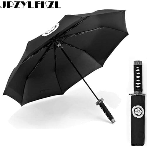 Creative Japanese Samurai Ninja-like Sword Dagger Shape Umbrella Short Handle Black Rain Sun Folding knife Three Fold Umbrellas