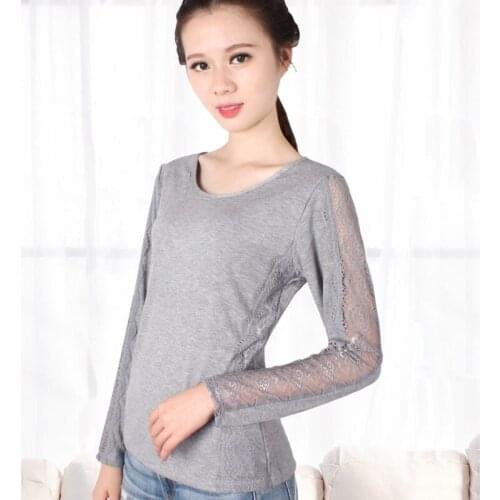 A low collar lace warm long johns sleeve shirt in spring autumn new female Korean thin black thread coat thermal underwear women