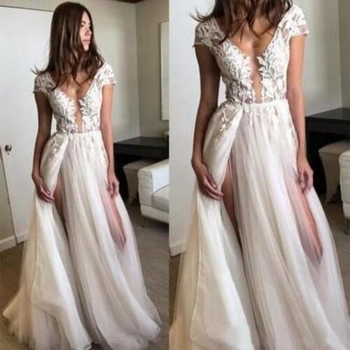 Fashion Prom Dresses Slit Formal Dress Ivory Lace Prom Dress Sexy Summer Tulle Slit Evening Gowns