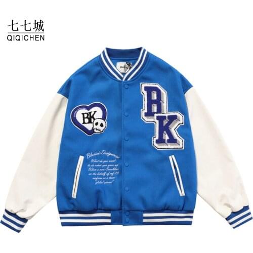 Mens Baseball Jackets Retro Patchwork Bomber Jacket Oversize V-neck Unisex Letter Skeleton Embroidery Oversized Coat Unisex 2021