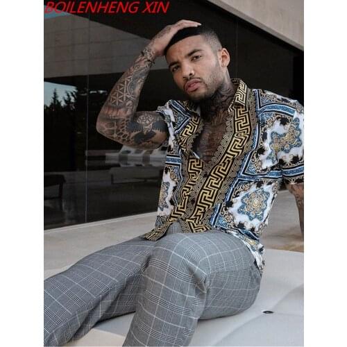 Summer Mens Clothing European American Retro Trend Shirt Cardigan Mens Short Sleeve Shirt Single Breasted Printed Shirt Man