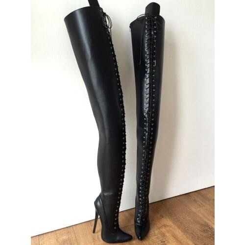 Sexy Over-the-knee Lace-up Boots Black Matte Stretch Leather Thigh High Boots Show Thin Night Club Shoes Woman Botines Mujer