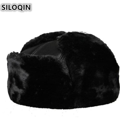 SILOQIN Winter Super Warm Thick Mens Bomber Hats Genuine Leather Plush Fur Earmuffs Cap Dads Sheepskin Warm Winter Hat For Men