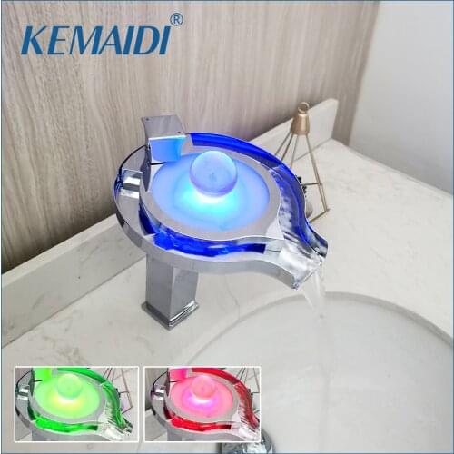 KEMAIDI Chrome Bathroon Basin Faucet Solid Brass LED Light Waterfall Spout Wash Sink Mixer Tap Hot & Cold Water Mixer Faucet