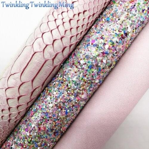 PINK Glitter Fabirc,Faux Leather Fabric, Snake Synthetic Leather Fabric Sheets For Bow A4 21x29CM Twinkling Ming XM665