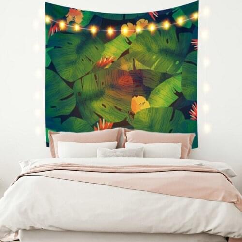 Green Leaves and Yellow Flower Tapestry Vintage Exotic Summer Plant Nature Frame for Bedroom Photography Wall Decor