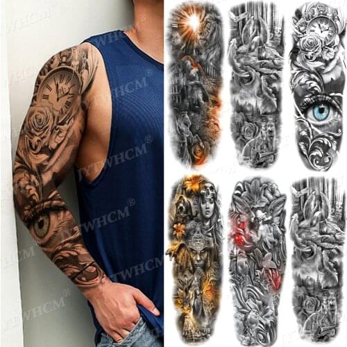 Waterproof Temporary Tattoo Sticker Full Arm Large Skull Old School Tatoo Stickers Flash Body Art Fake Tattos for Men Women Girl
