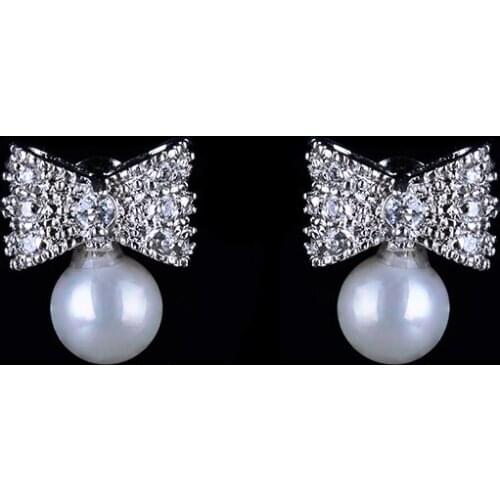 YAN MEI New Arrival Jewelry Silver Color Bow Earring Fashion White Imitation Pearl Dangle Earrings GLE3662