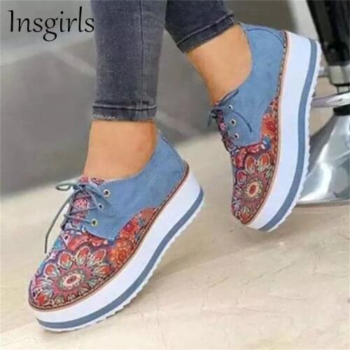 2021 Women Casual Shoes Spring Fashion PU Floral Embroidery Lace-Up Platform Loafers 35-43 Large-Sized Female Comfy Sneakers