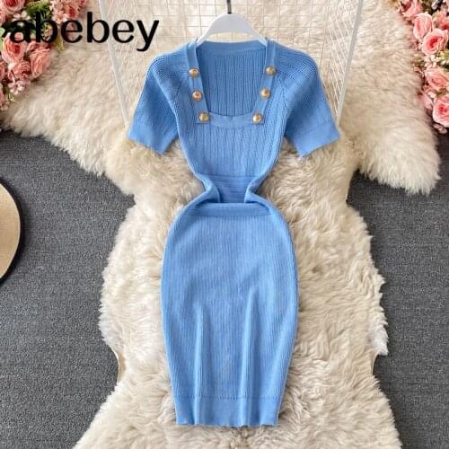 2021 New Summer Vintage square collar short sleeve Dress button decoration hollow out knitted solid wrap Dress