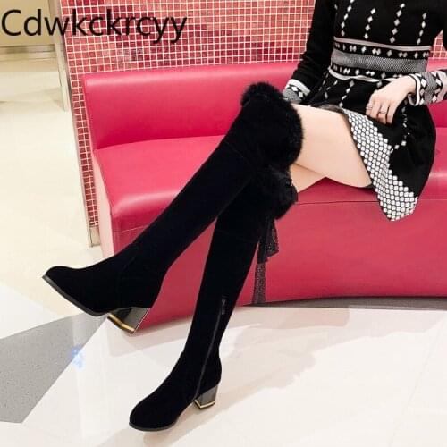 Winter The New Rabbit hair fashion Round head Over the knee Womens boots Lace Lace Plus velvet Keep warm High heel Women boots