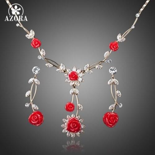 AZORA Gorgeous Gold Color Red Flowering branches Drop Earrings and Necklace Jewelry Set TG0030