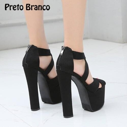 PRETO BRANCO 17Cm Stage Catwalk Super High Heel Coarse Heel Sandals Zipper Black High Heels Female Summer Womens Sandals ZYW