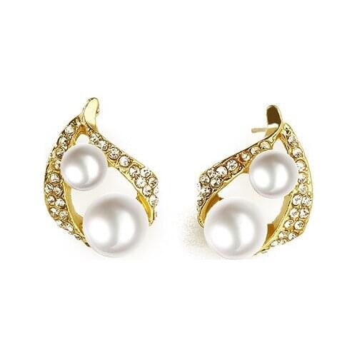 Double White Simulated Pearl Beads Shiny Crystal Leaf Pendant Golden Stud Earrings Necklace for Women Jewelry Sets