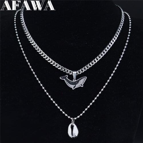 Stainless Steel Double Layered Necklace Women Shell Whale Black Enamel Statement Necklace Jewelry colgante mujer N1985S01