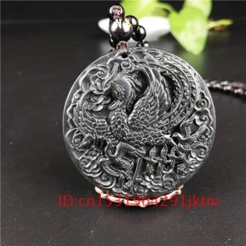 Phoenix Gifts Charm Pendant Carved Accessories Jewelry Black Natural for Obsidian Necklace Green Men Amulet Chinese Jade