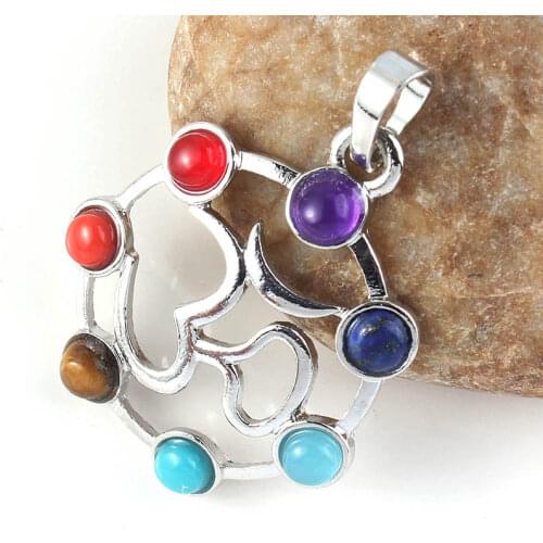 KFT Silver Plated Natural Healing 7 Chakra Beads Stone 3D Energy Symbol Stone Pendant Women Men Jewelry