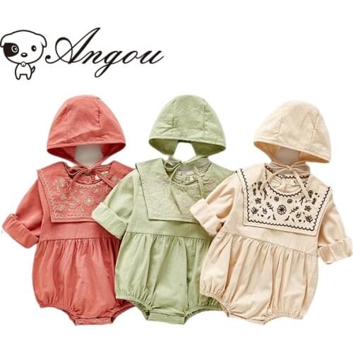 Angou Embroidery Navy Collar Romper Infant Baby Girl Long Sleeves Jumpsuit+Hat 2Pcs Flower Solid Color Bodysuit Baby Clothes