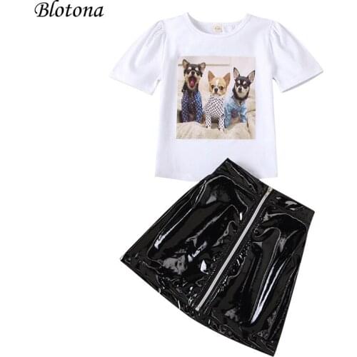 Blotona Fashion Girls Summer 2Pcs Suit Cute Dog Printed Round Neck Short Sleeve T-shirt Tops and Leather Short Skirt 1-6Years