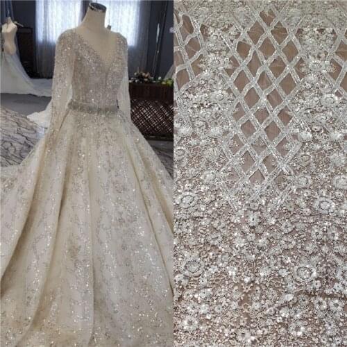 LFY Hot Style Sliver White Heavy Bead Luxury Sliver White Top Quality Party Evening Bridal Gown Dress Embroidery Lace Fabric