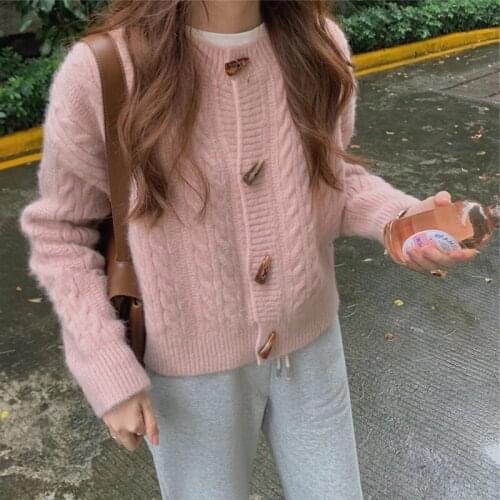 Fashion Maneskin Girl Kintted Sweater Outerwear Female Cardigan Coat Ox Horn Button Solid Warm Top Clothes Chaquetas Punto Mujer