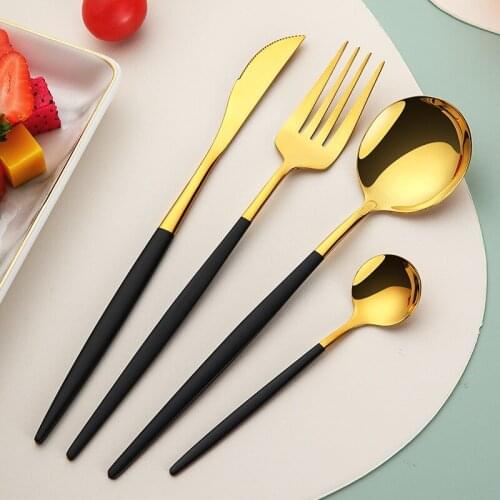 16pcs Black Gold Tableware Set Knife Fork Tea Spoon Stainless Steel Cutlery Set Kitchen Cutlery Dinnerware Steel Wholesale