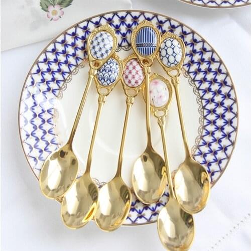 4pcs/set Nordic Stainless Steel Spoons Set Ceramic Handle Coffee Scoop Retro Gold Plating Dessert Spoon High Grade Cake Scoop
