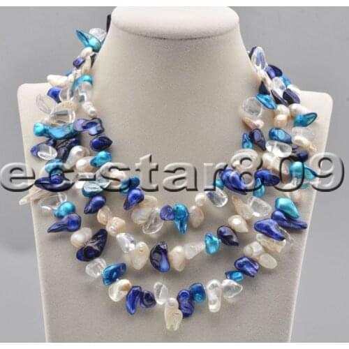P6880 50" white blue baroque tail freshwater pearl crystal necklace