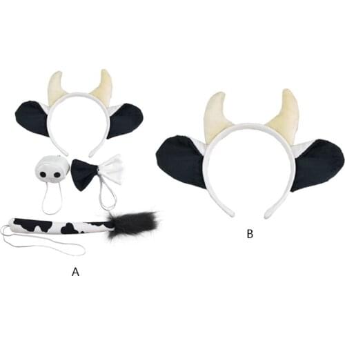 Lolita Furry Headband Cow Ears with Horn Tail Set Cosplay Costume Hair Accessory