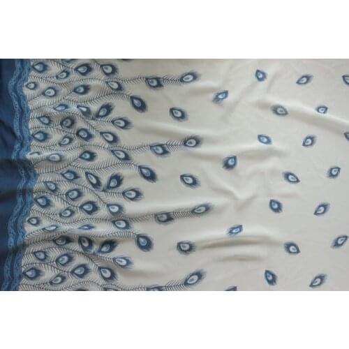 75D chiffon fabric blue Peacock feathers white background Positioning printed on both sides for apparel and scarf CH2240