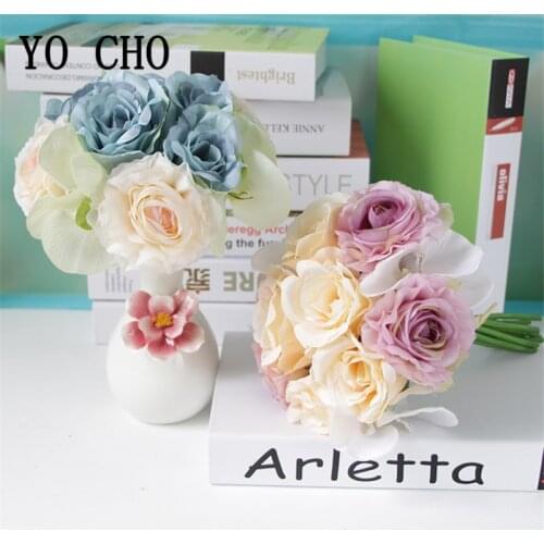 Mixed Artificial Flowers Silk Rose Orchid Bundle Fake Wedding Bridal Flower Bouquet for Home Party Flowerpot Decor Indoor Flore