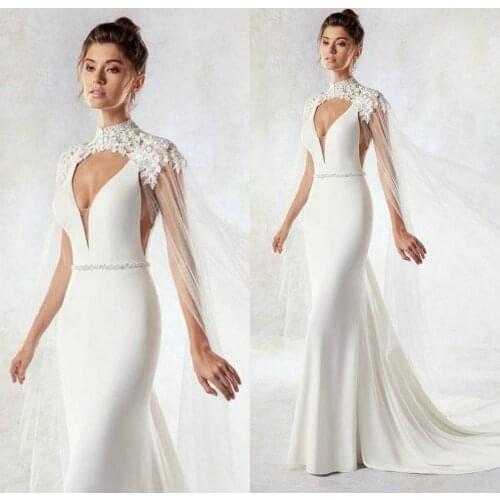 Bridal Jackets Custom Made 2020 High Collar Lace Appliqued Wedding Cape Shawls Women Long Wraps for Formal Dresses