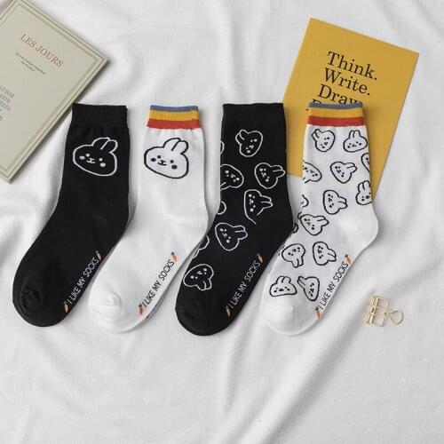 Cartoon Jacquard Pure Cotton Socks Women Creative Funny Rabbit Head Rainbow Socks Streetwear Preppy Style In Tube Cute Sock